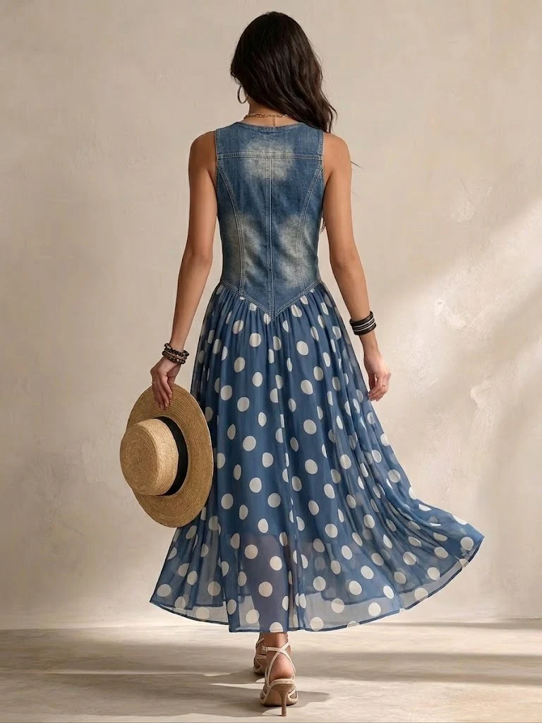 Brenda | Top vaquero y vestido de gasa con lunares