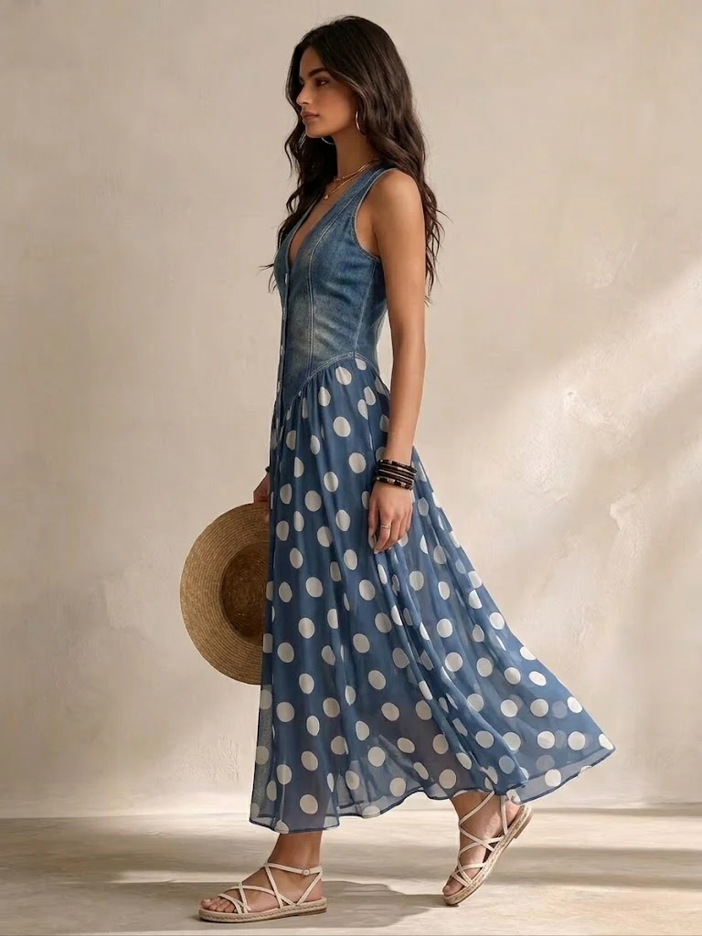 Brenda | Top vaquero y vestido de gasa con lunares