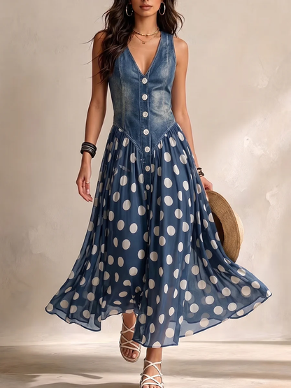 Brenda | Top vaquero y vestido de gasa con lunares