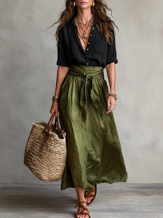 Vera | Conjunto de dos piezas: Top negro y falda midi verde oliva