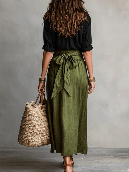 Vera | Conjunto de dos piezas: Top negro y falda midi verde oliva