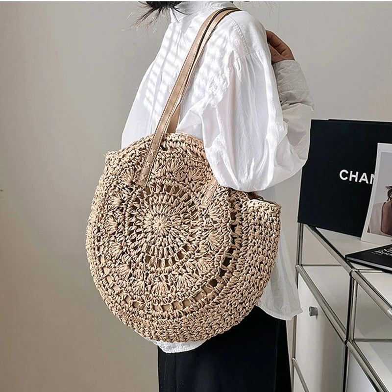 Bolso grande redondo de paja
