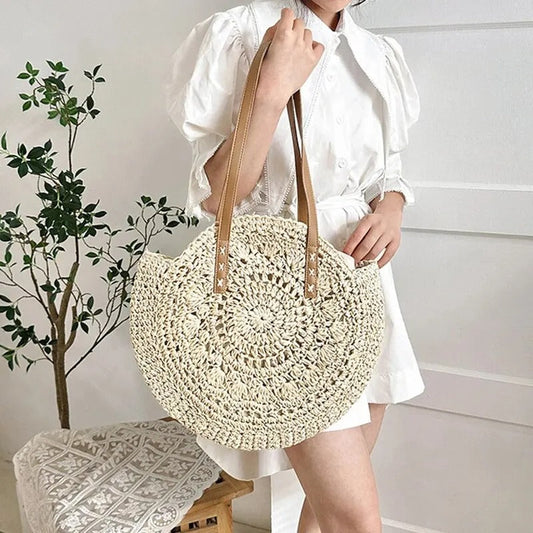 Bolso grande redondo de paja